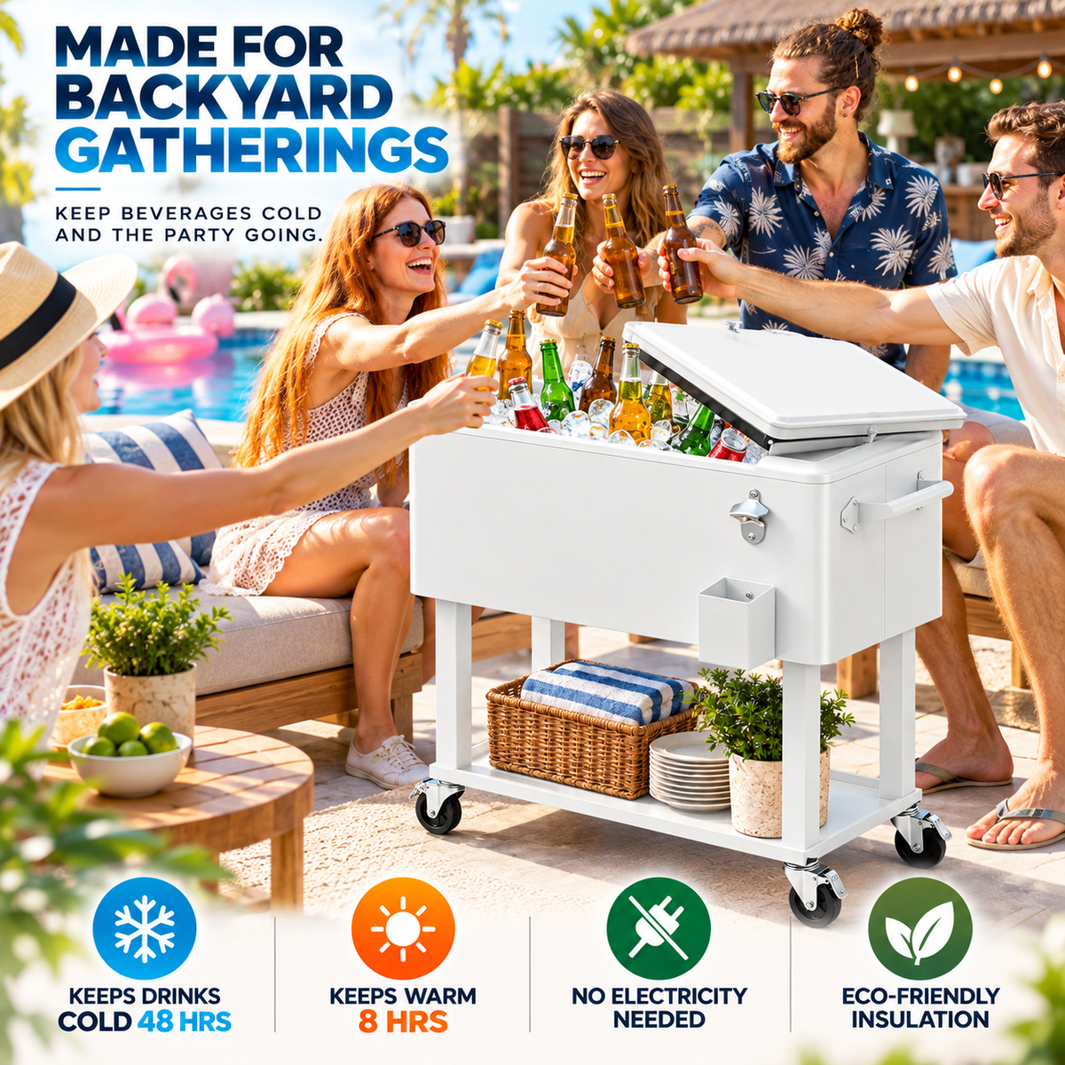 80QT Rolling Cooler Cart – Portable Patio Ice Chest with Wheels & Bottle Opener