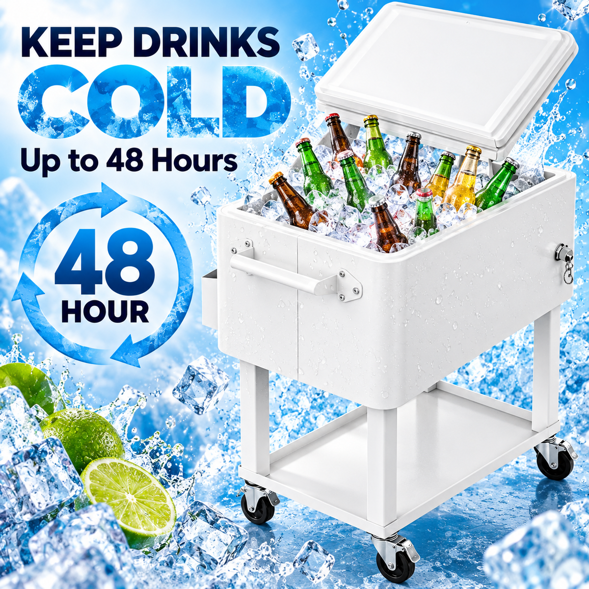 80QT Rolling Cooler Cart – Portable Patio Ice Chest with Wheels & Bottle Opener