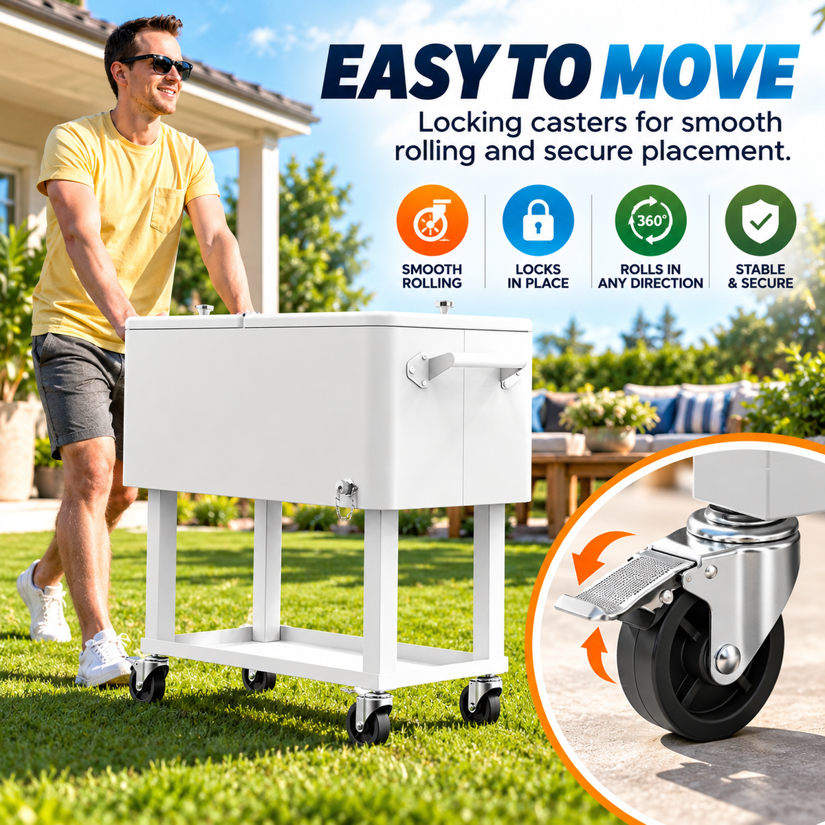 80QT Rolling Cooler Cart – Portable Patio Ice Chest with Wheels & Bottle Opener