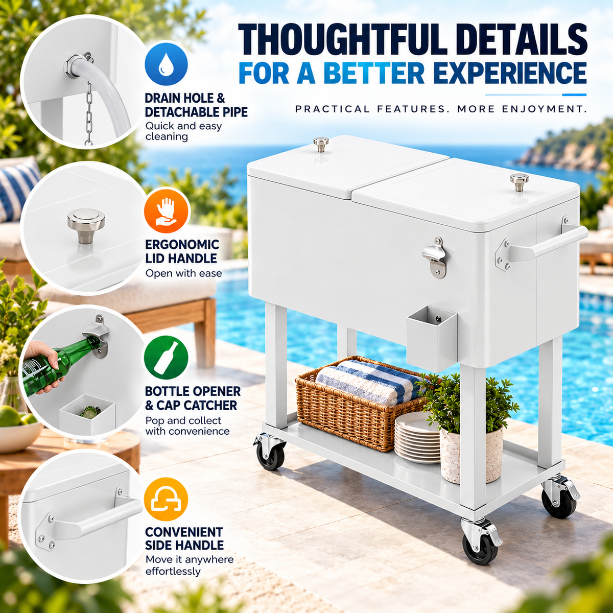 80QT Rolling Cooler Cart – Portable Patio Ice Chest with Wheels & Bottle Opener
