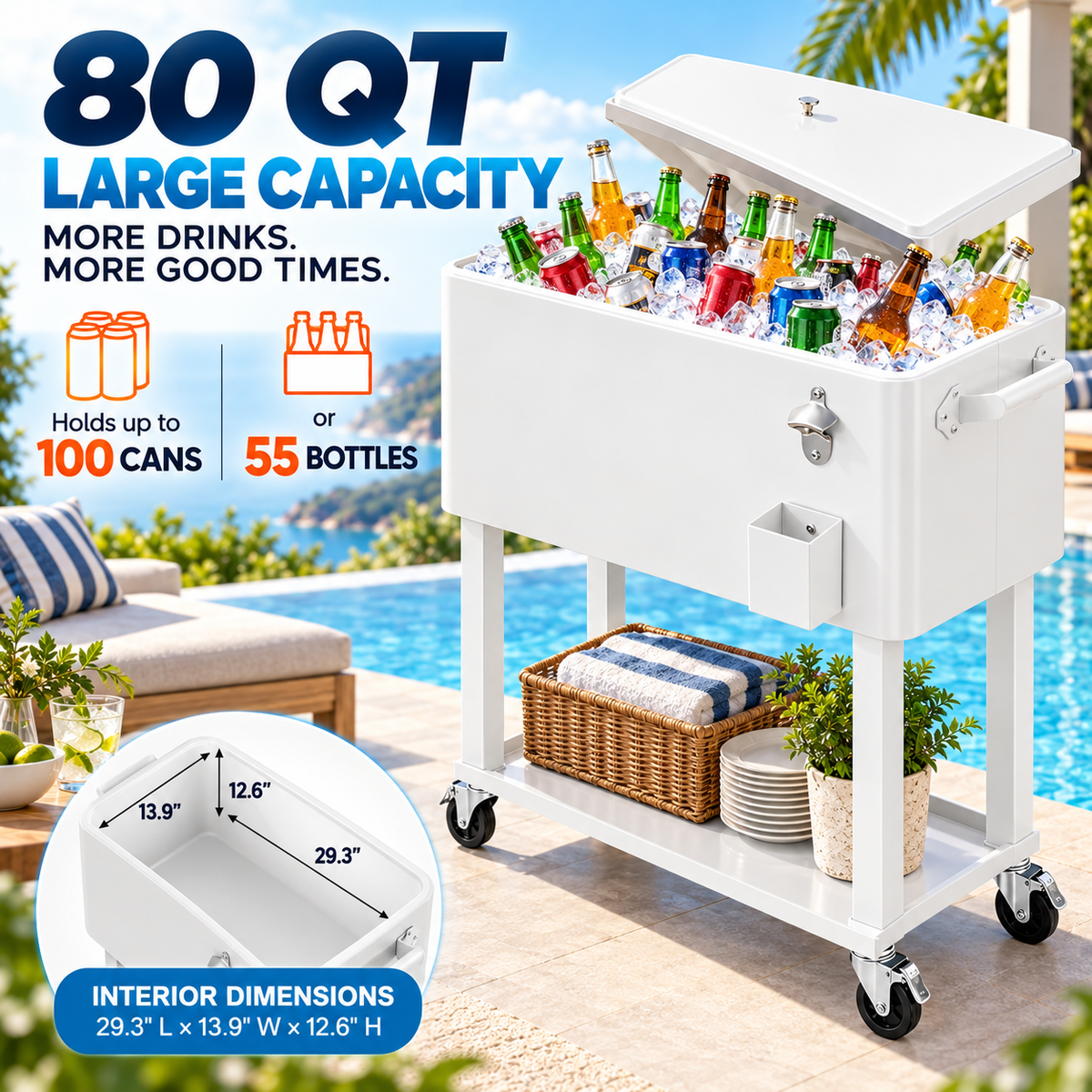 80QT Rolling Cooler Cart – Portable Patio Ice Chest with Wheels & Bottle Opener