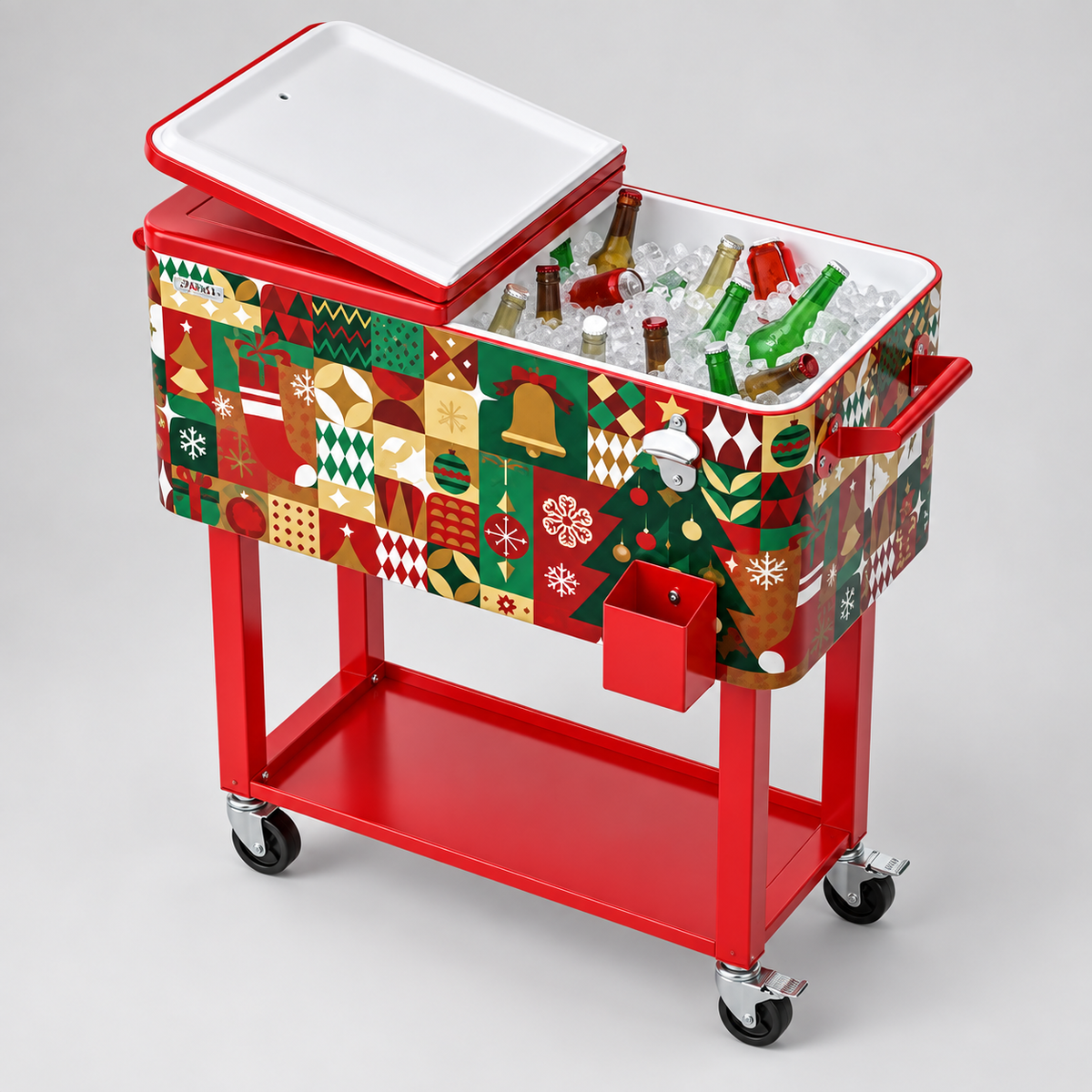 80QT Rolling Cooler Cart – Portable Patio Ice Chest with Wheels & Bottle Opener