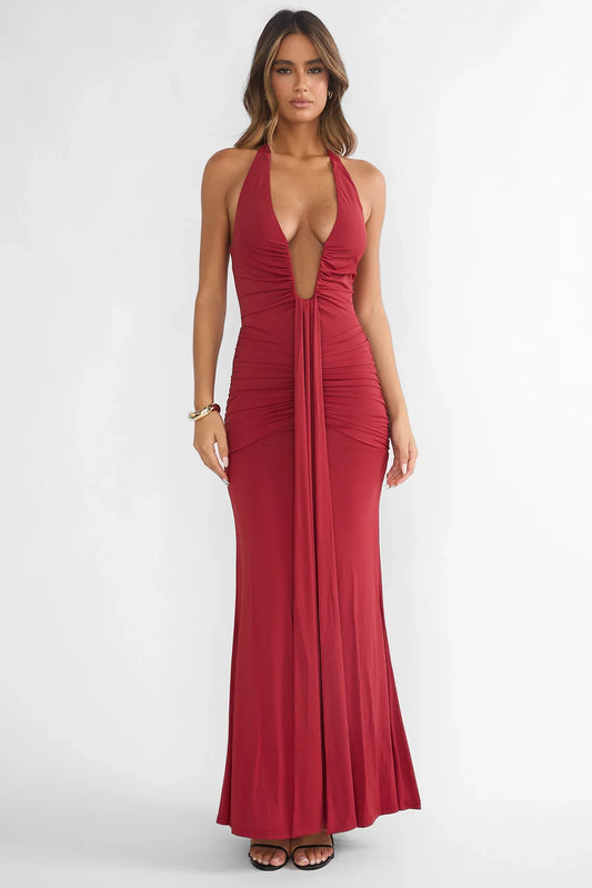 Brienna Halter Ruched Maxi Dress Wine