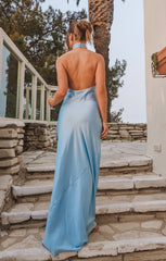 Jasmine Halter Maxi Dress ~ Baby Blue Luxe Satin
