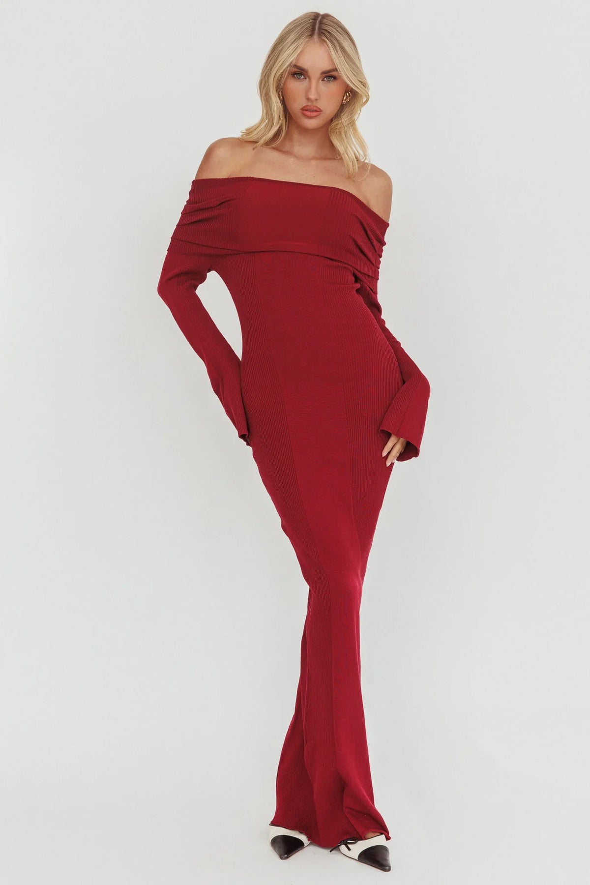 Aloura Off-Shoulder Ribbed Knit Maxi Dress Wine