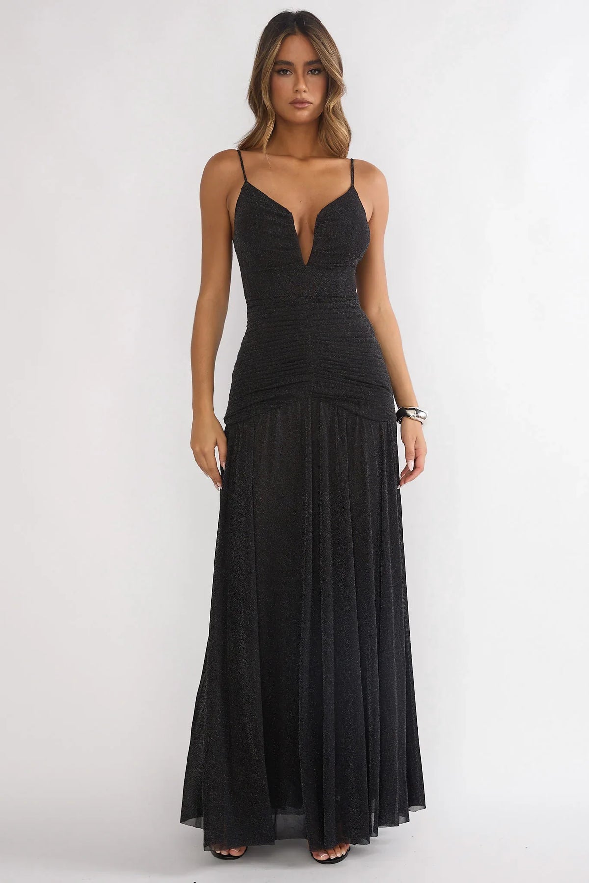 Orizel Pintuck Drop Waist Maxi Dress Sparkle Black
