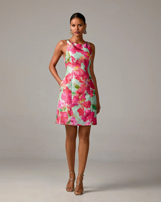 Exploded Floral Print Sheen A Line Dress Pink Multi