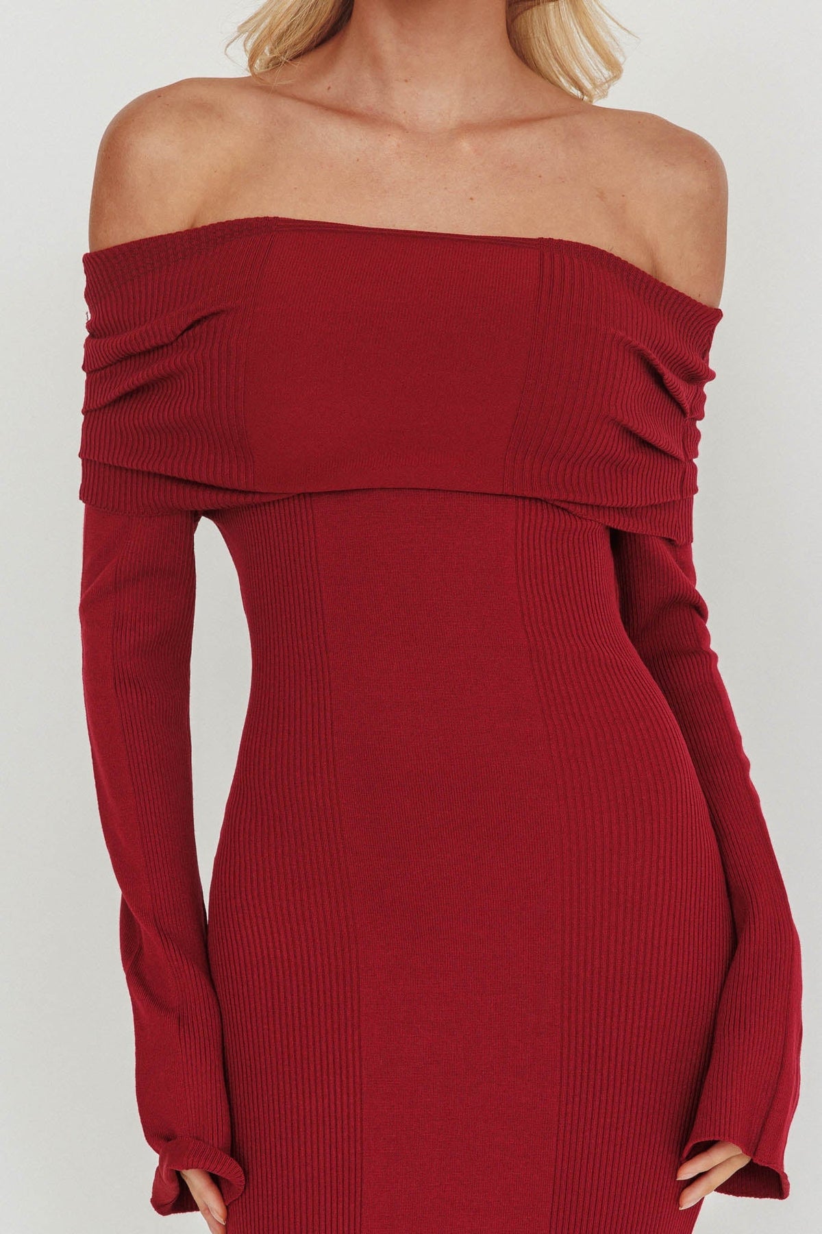 Aloura Off-Shoulder Ribbed Knit Maxi Dress Wine