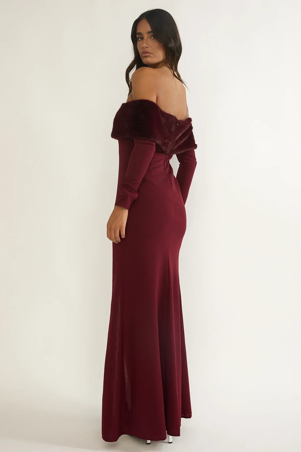 Noella Off-Shoulder Fur Trim Maxi Dress Wine