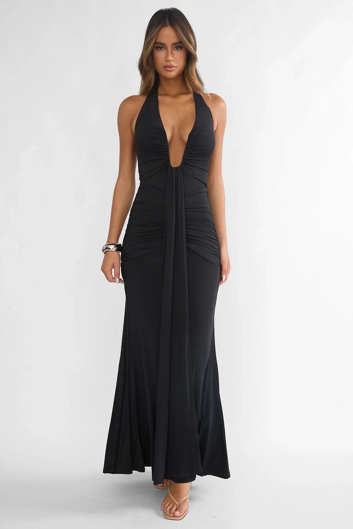 Brienna Halter Ruched Maxi Dress Black