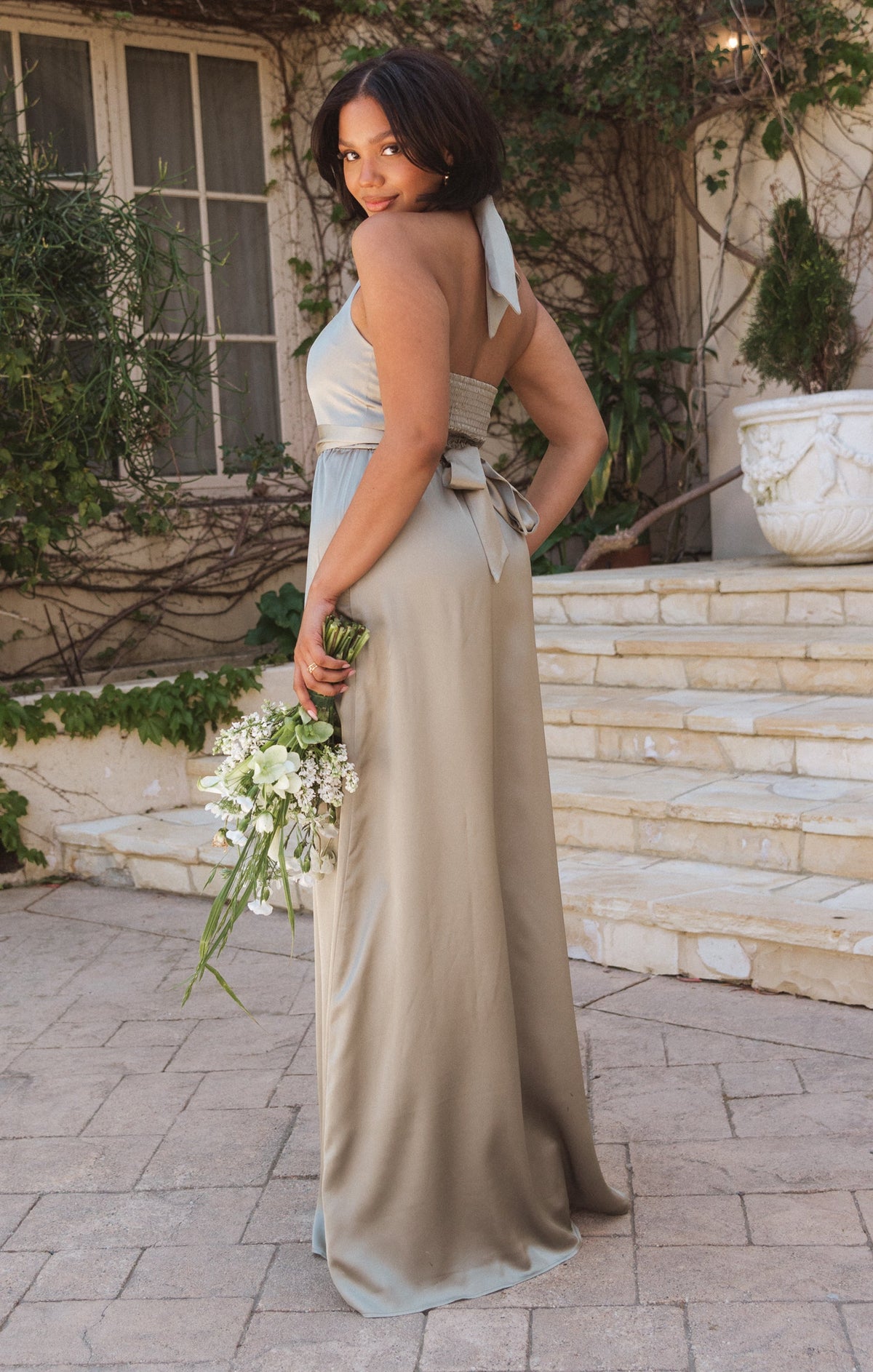 Hazel Halter Maxi Dress ~ Moss Green Luxe Satin