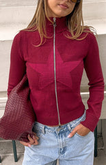 Groove Burgundy Star Zip Up Knit Sweater