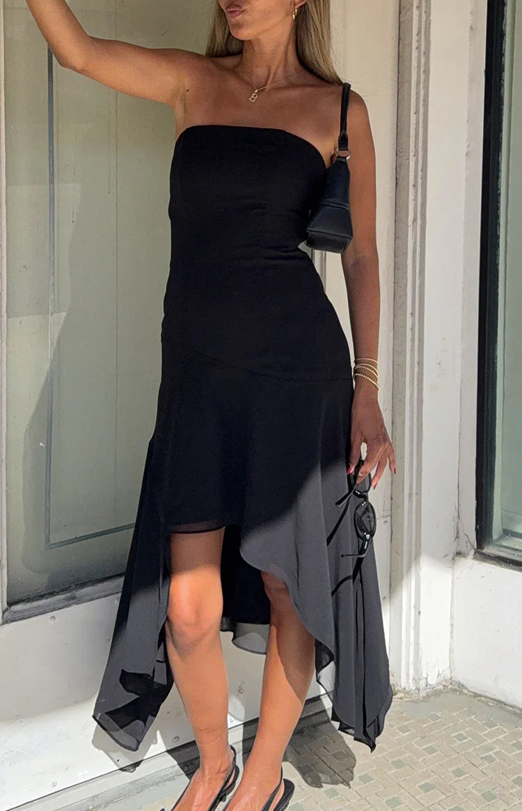 Jannah Black Strapless Hanky Hem Midi Dress
