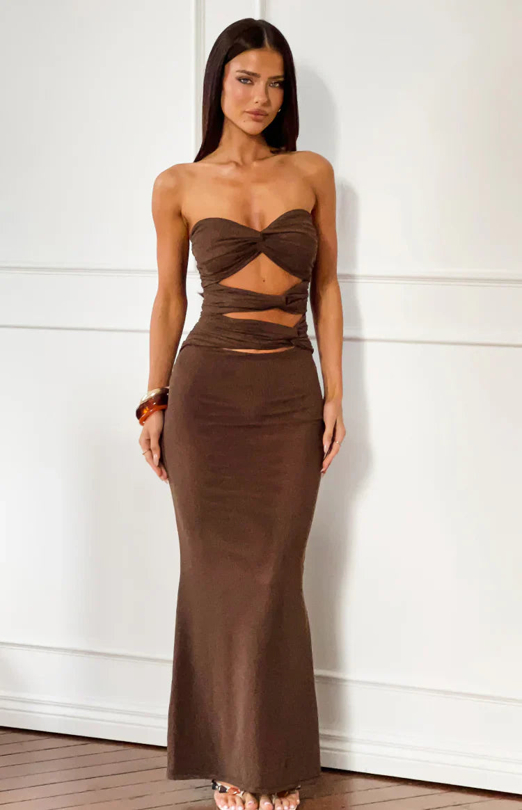 Junipa Chocolate Brown Strapless Cutout Maxi Dress