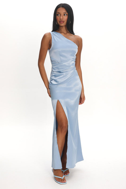 Taniesha One-Shoulder Gathered Maxi Dress Steel Blue