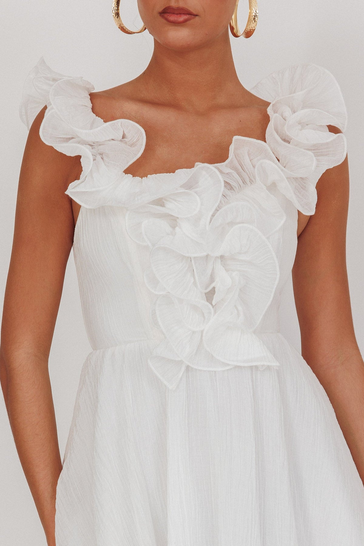 Nivaya Ruffle Neckline Mini Dress White