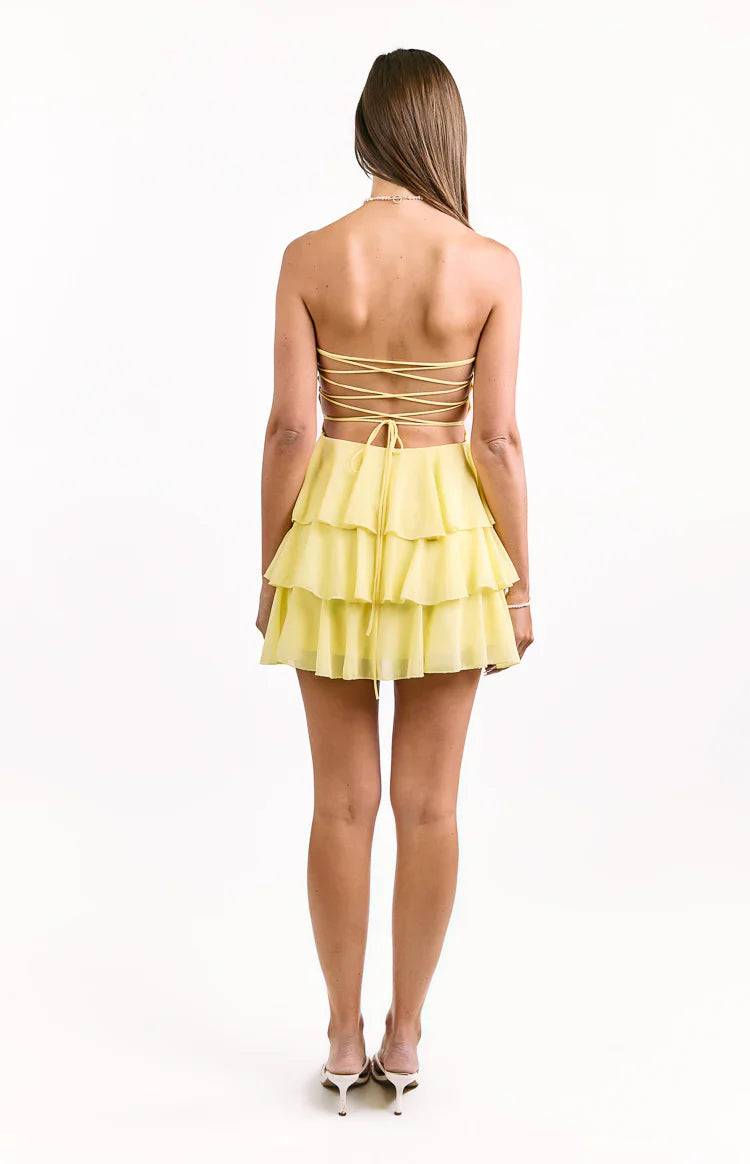 Kimmie Yellow Strapless Ruffle Mini Dress