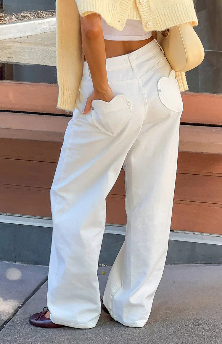 Lovers Lane White Denim Heart Pocket Slouchy Jeans