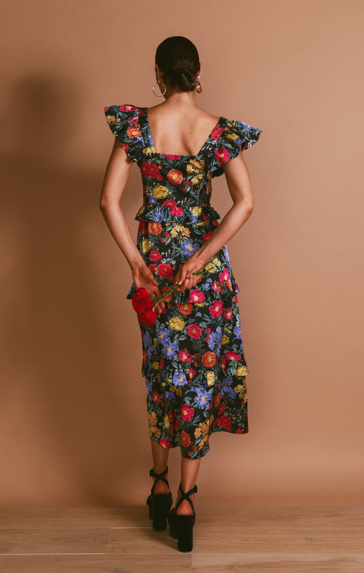Lindsay Midi Dress ~ Charm Peony Black Luxe Satin