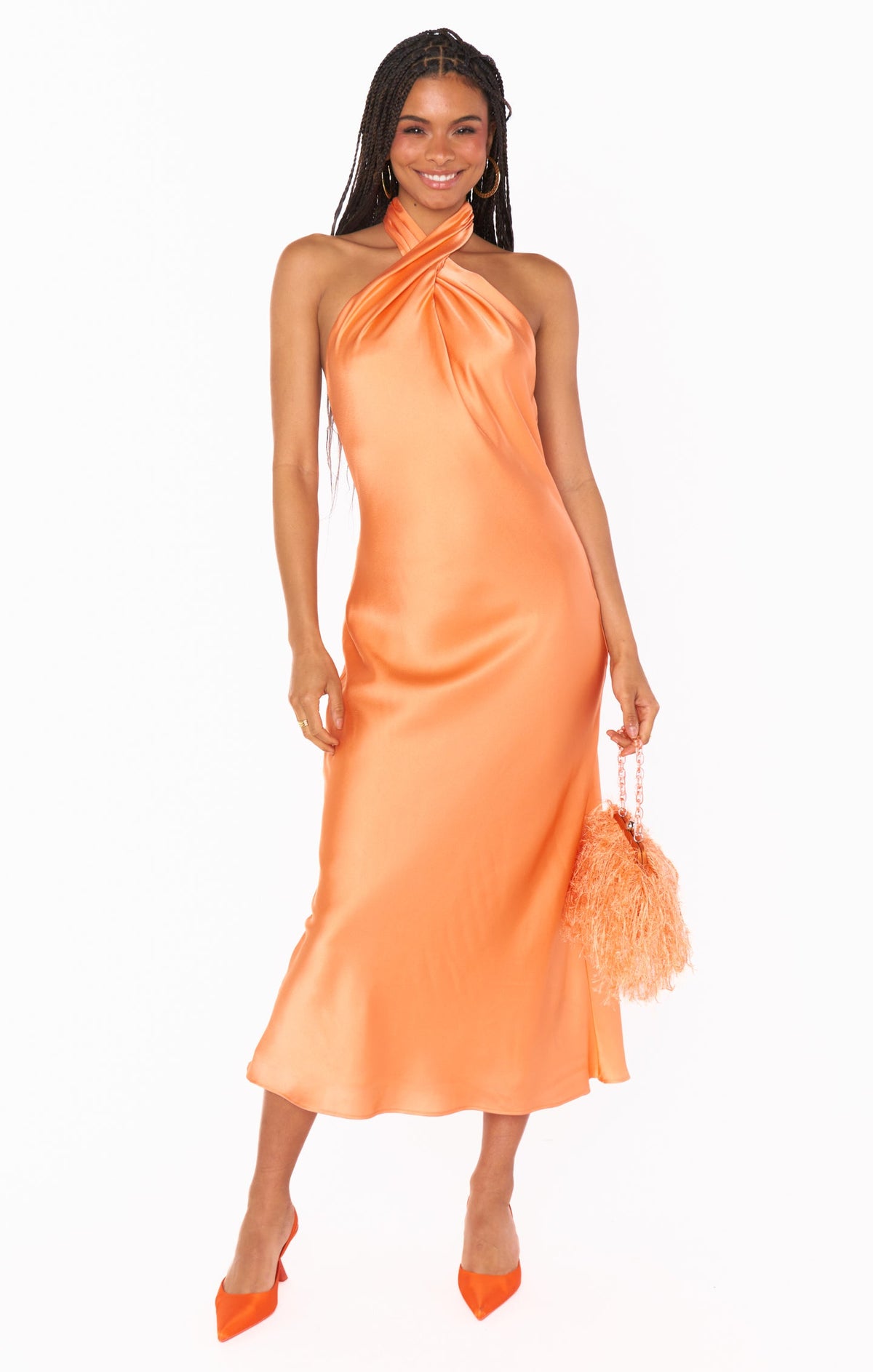 Jasmine Halter Midi Dress ~ Cantaloupe Luxe Satin