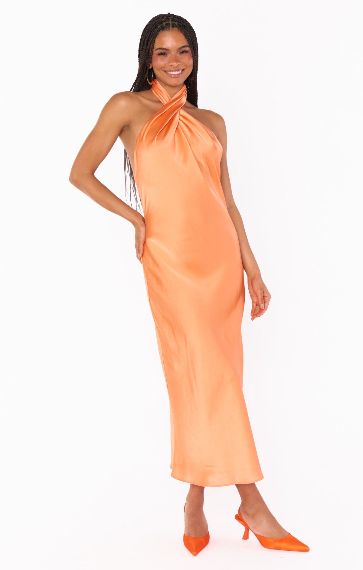 Jasmine Halter Midi Dress ~ Cantaloupe Luxe Satin