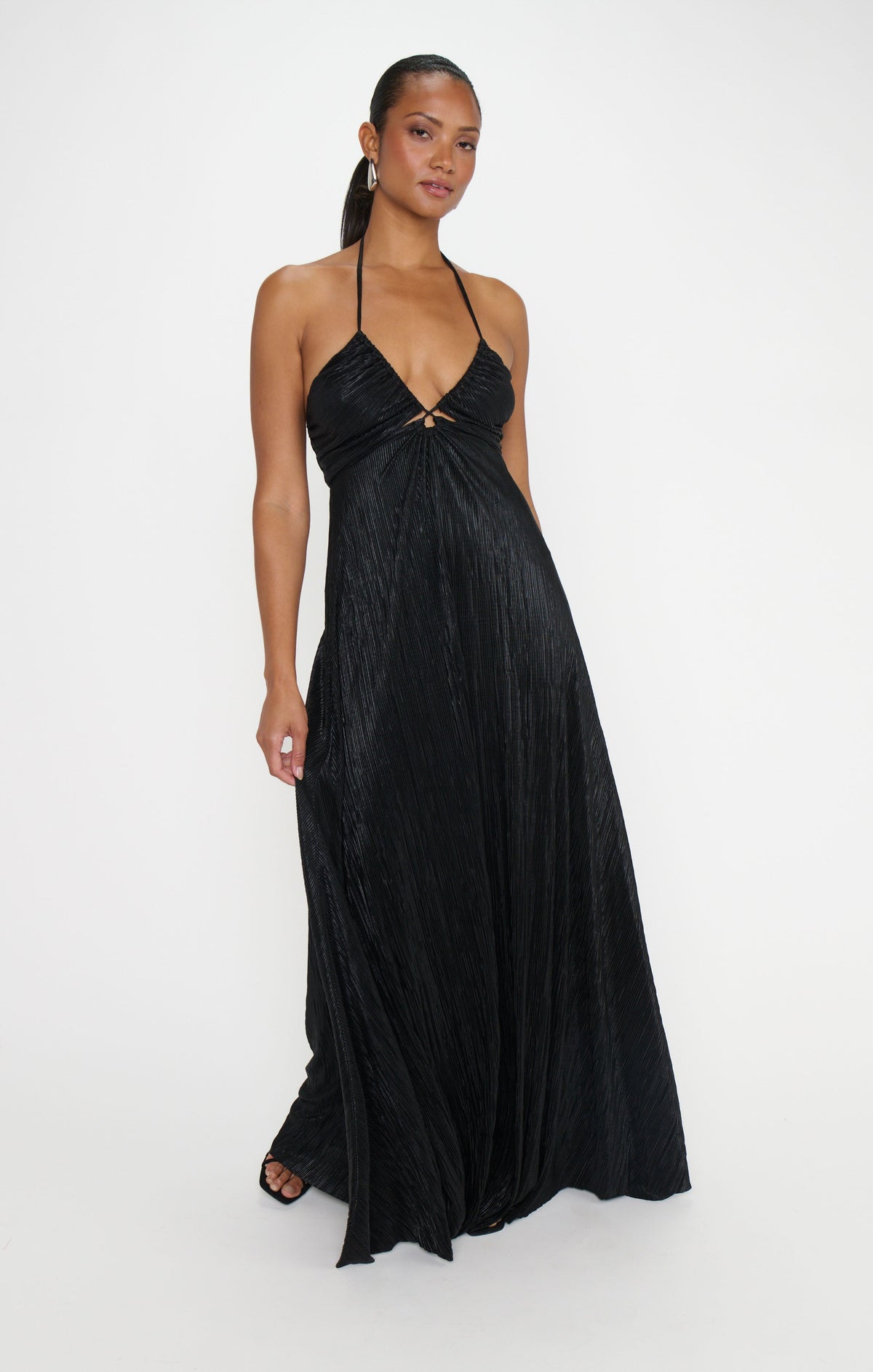 Paros Maxi Dress ~ Pleated Black Gloss