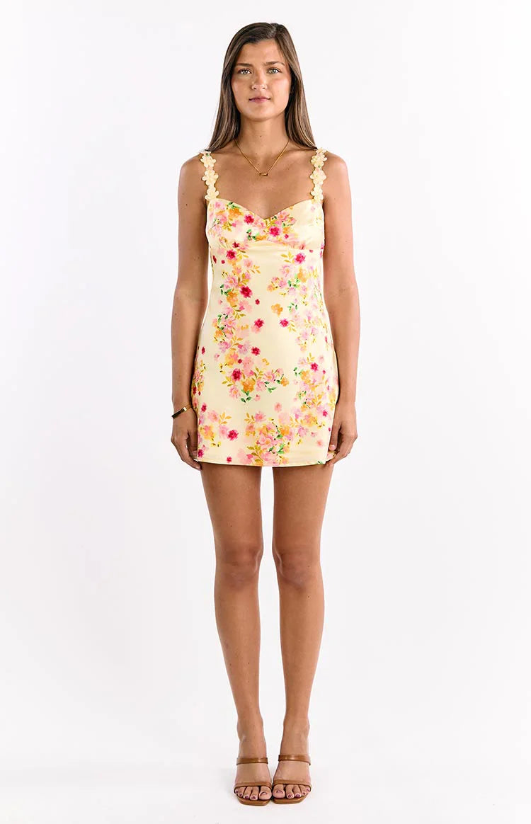 Marbelle Yellow Bloom Satin Mini Dress