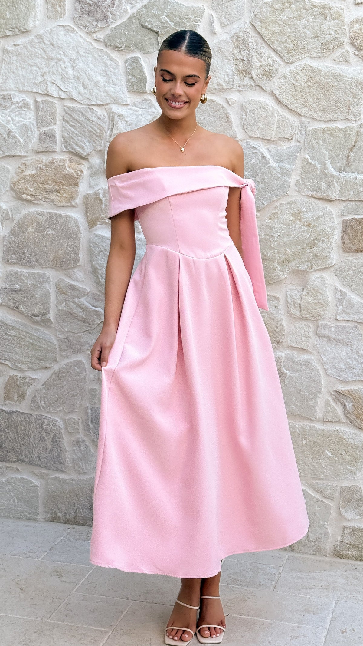 Bentley Off Shoulder Midi Dress - Pink