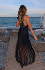 Jasmine Fringe Maxi Dress ~ Black Luxe Satin
