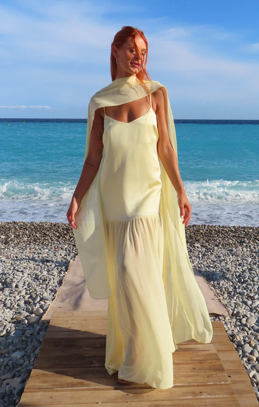 Dalia Maxi Dress ~ Pale Yellow Luxe Satin
