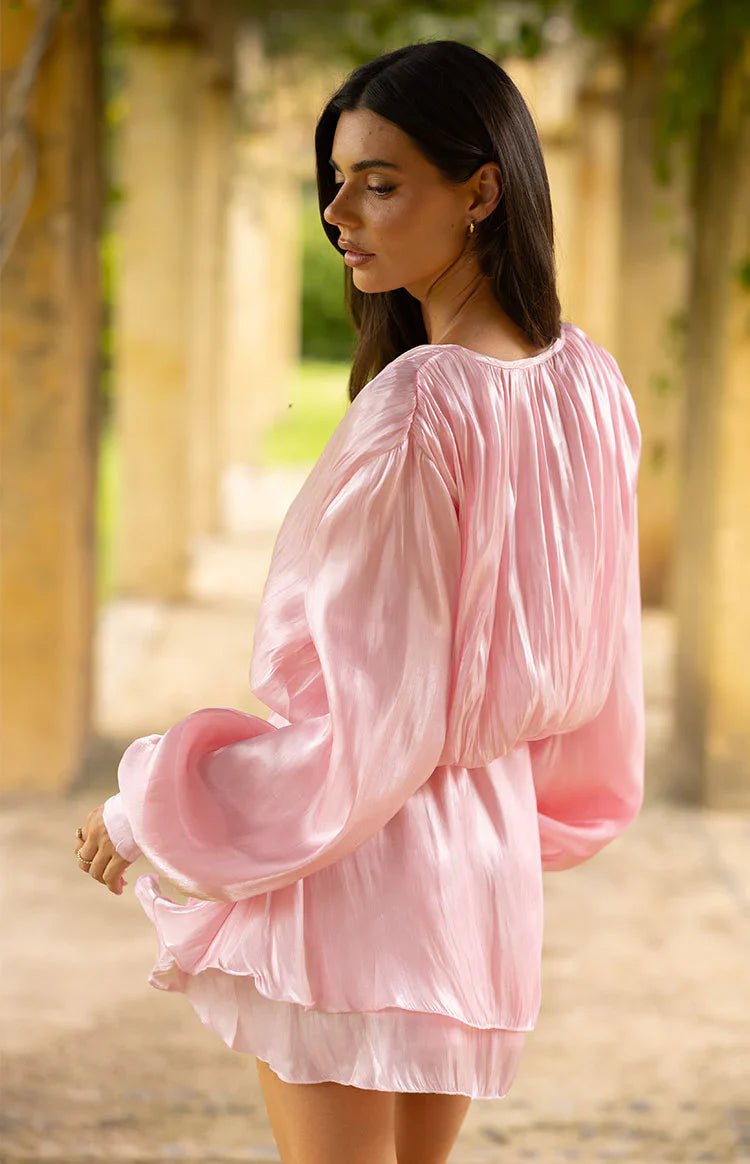 Quinton Pink Satin Long Sleeve Tie Mini Dress