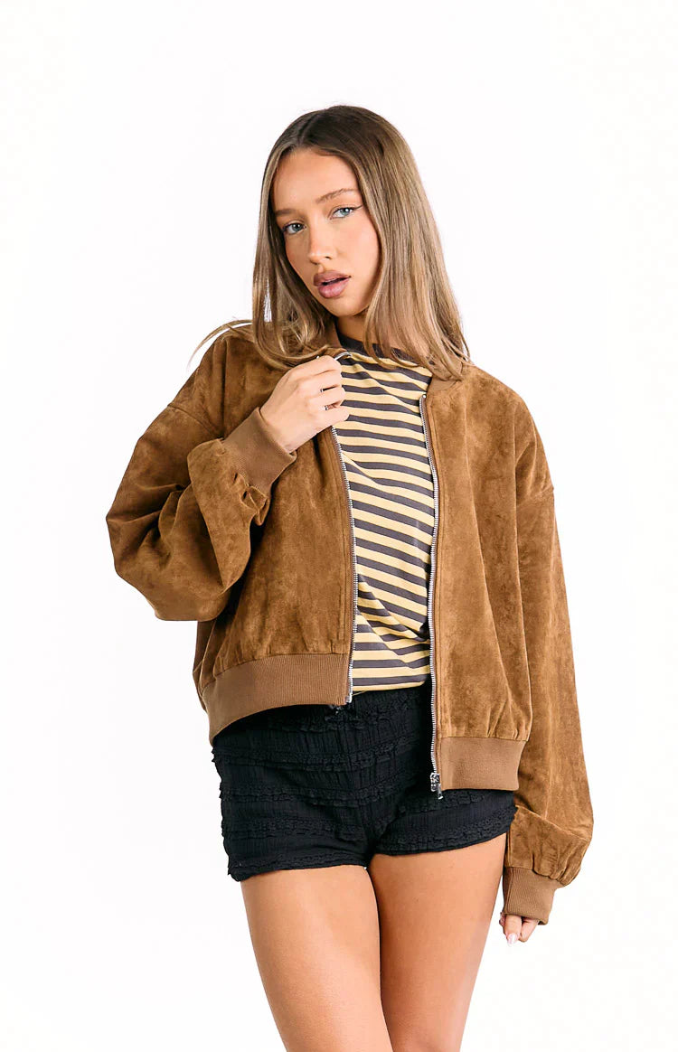Rebecca Tan Cuffed Suedette Bomber Jacket