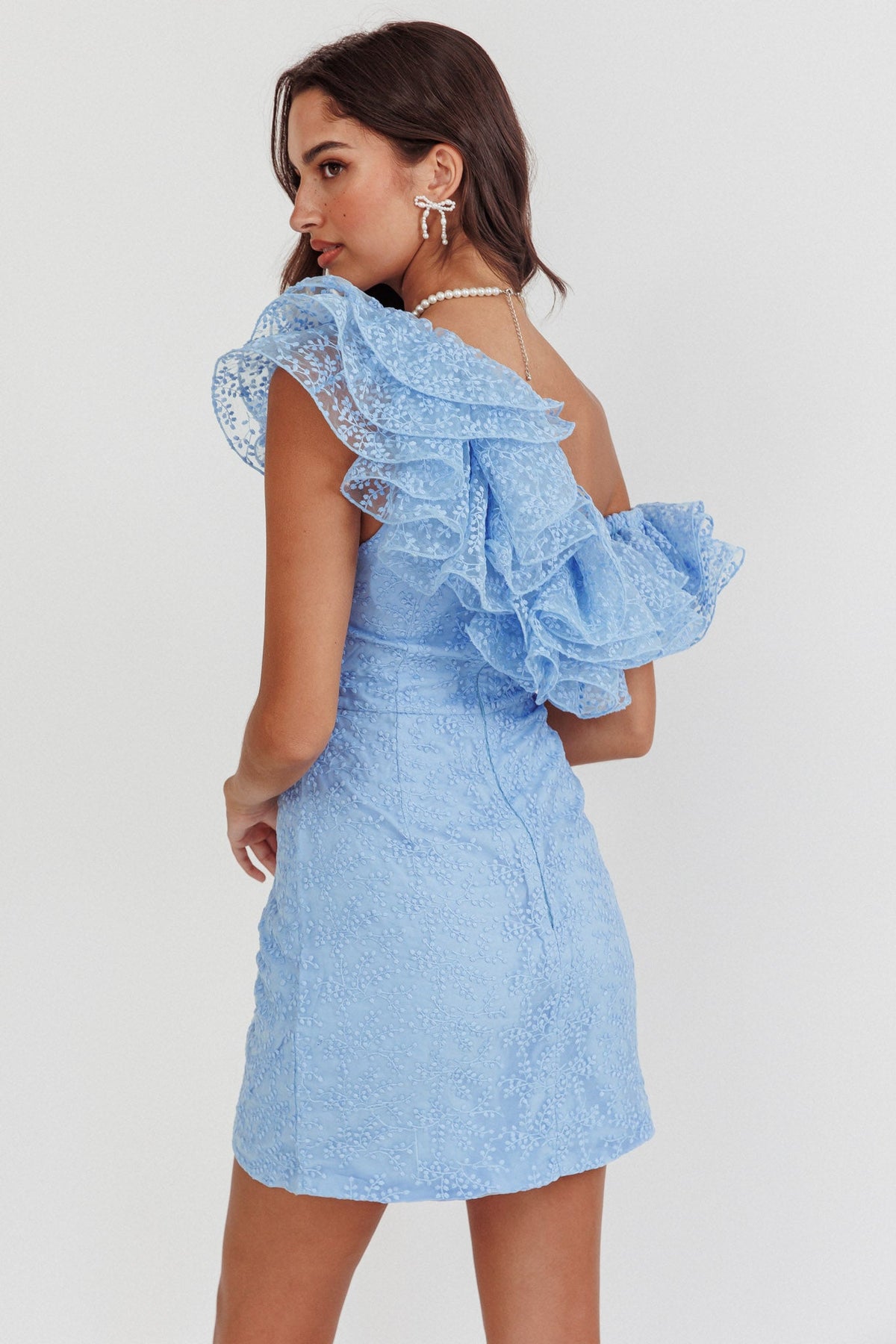Hollyn One-Shoulder Ruffle Mini Dress Baby Blue
