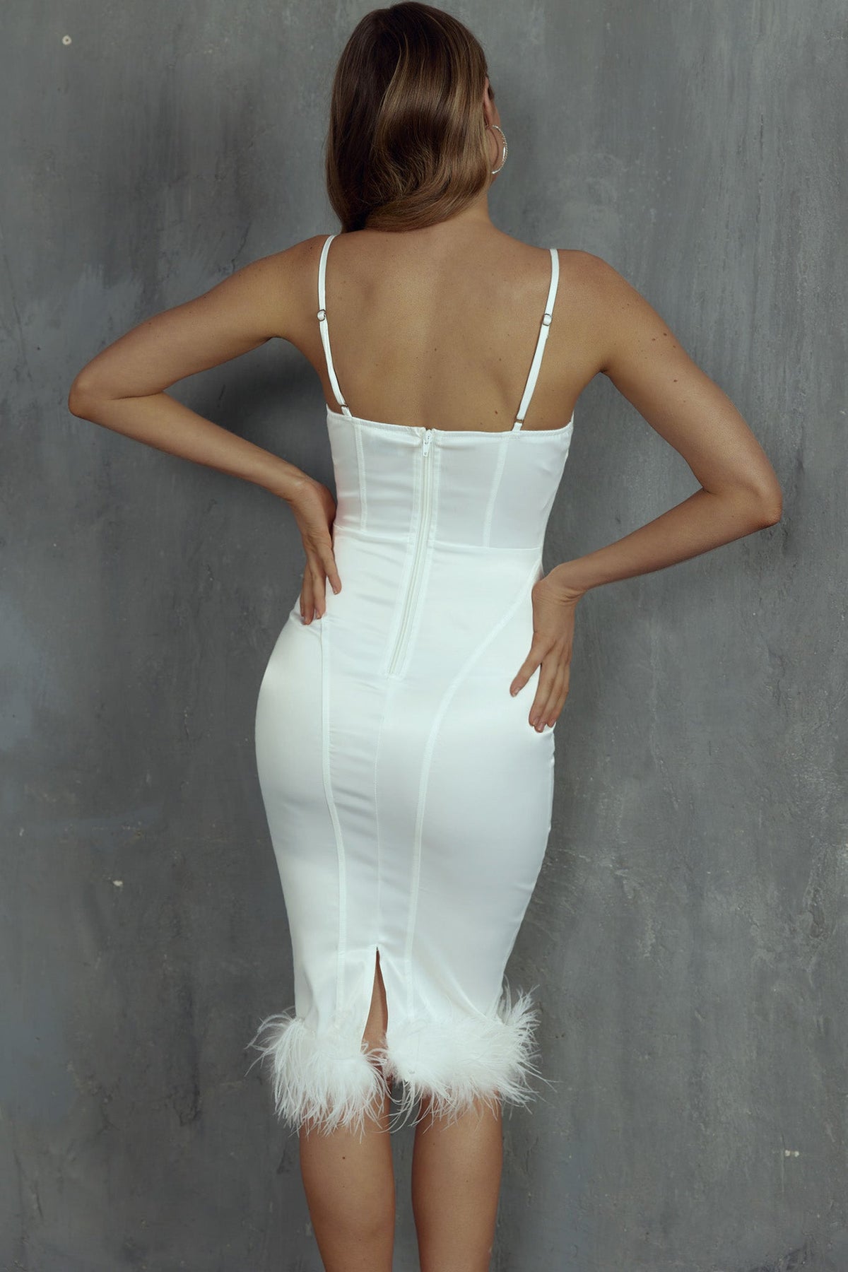 Hopelessly Devoted Feather Trim Midi Dress White