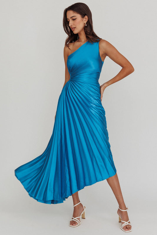 Brooklynn One-Shoulder Accordion Pleat Satin Midi Dress Teal