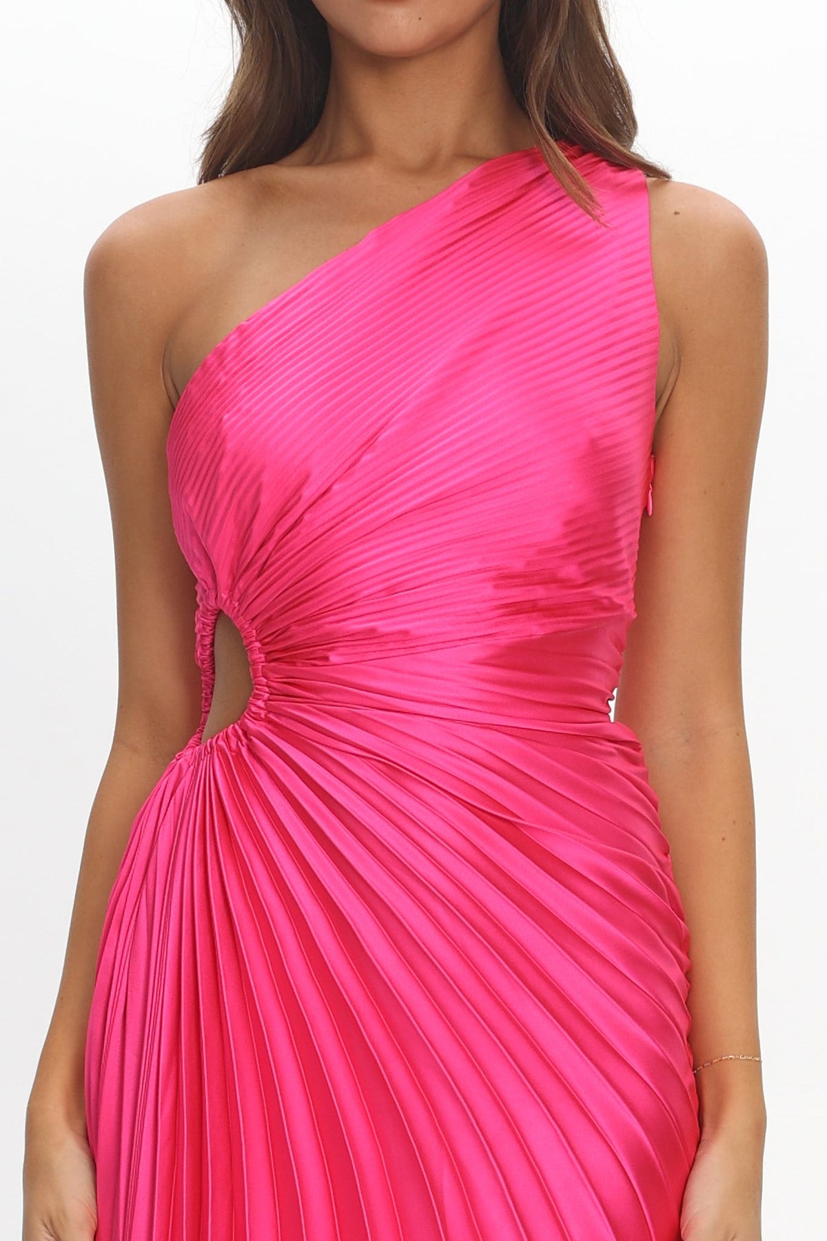 Brooklynn One-Shoulder Accordion Pleat Satin Midi Dress Fuchsia