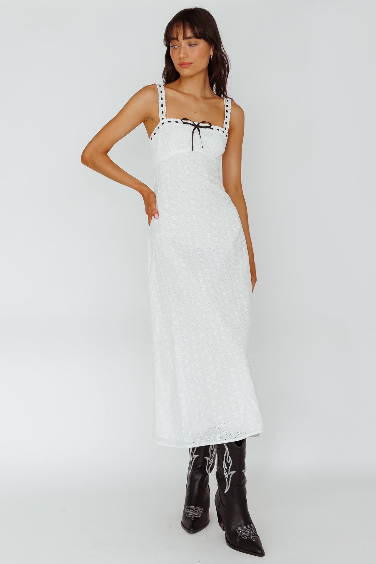 Sunbeam Eyelet Embroidery Bow Midi Dress White