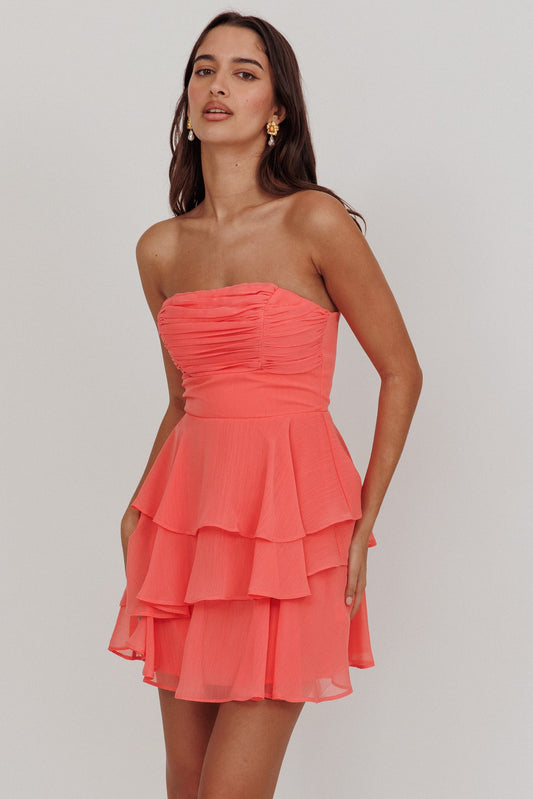 Veda Strapless Ruffle Mini Dress Peach