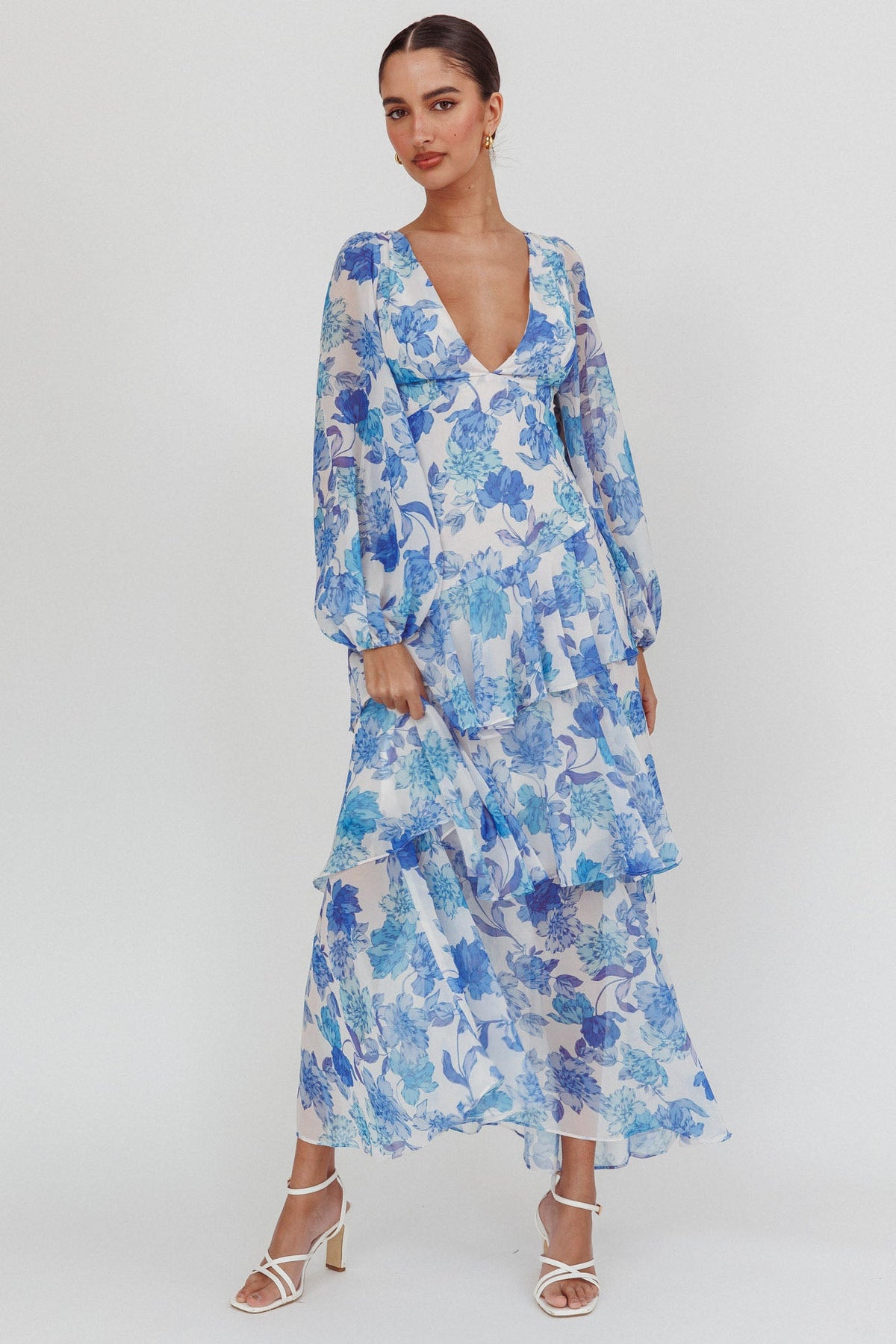 Veda Long Sleeve Floral Tiered Ruffle Maxi Dress Blue