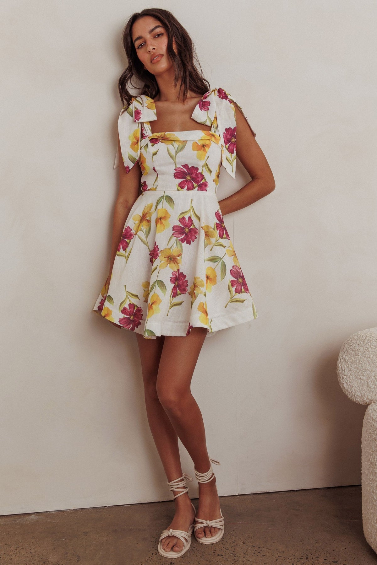 Jeanie Tied Shoulder Mini Dress Flower Purple