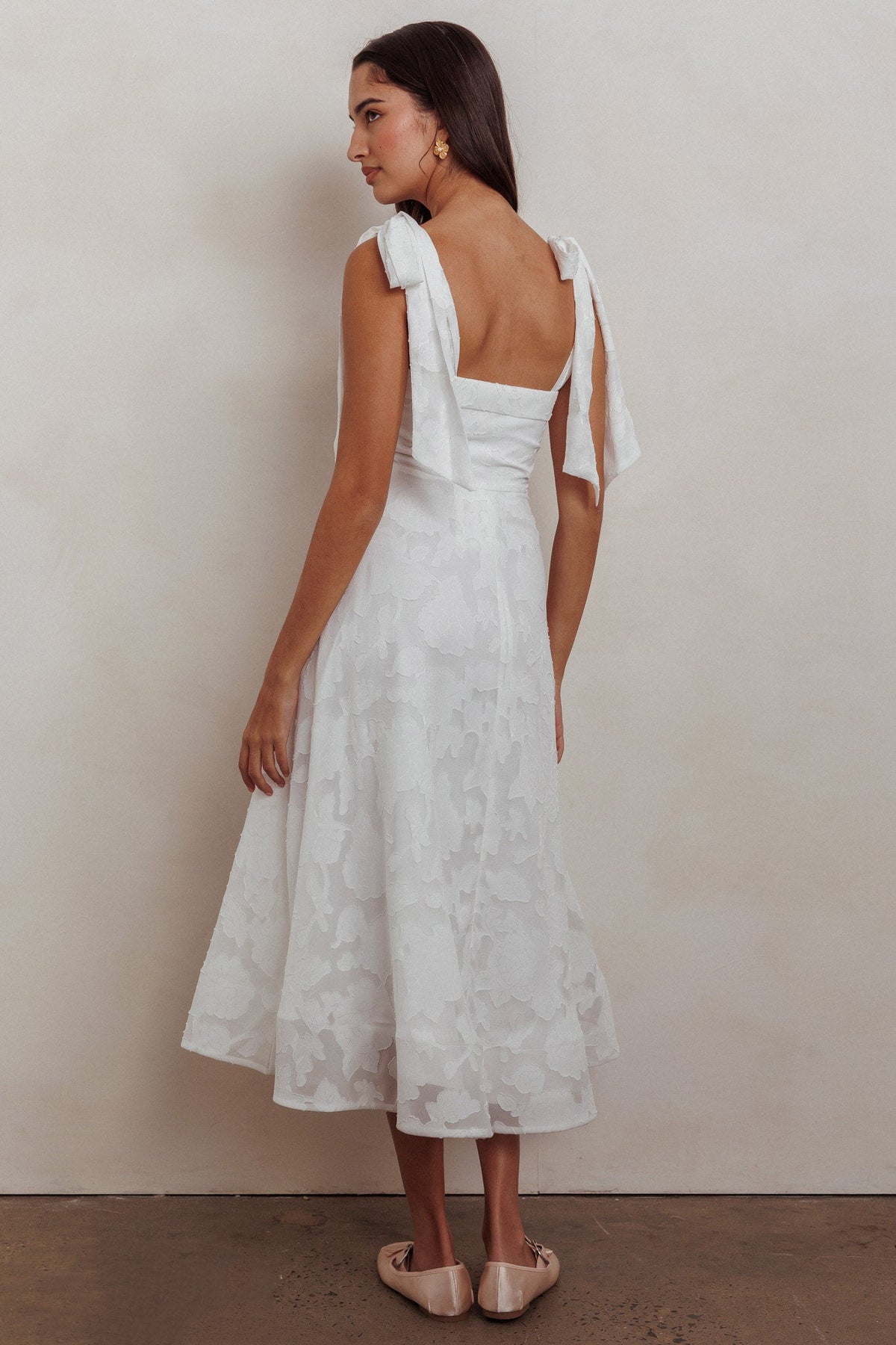 Jeanie Bow Shoulder Midi Dress Embossed White