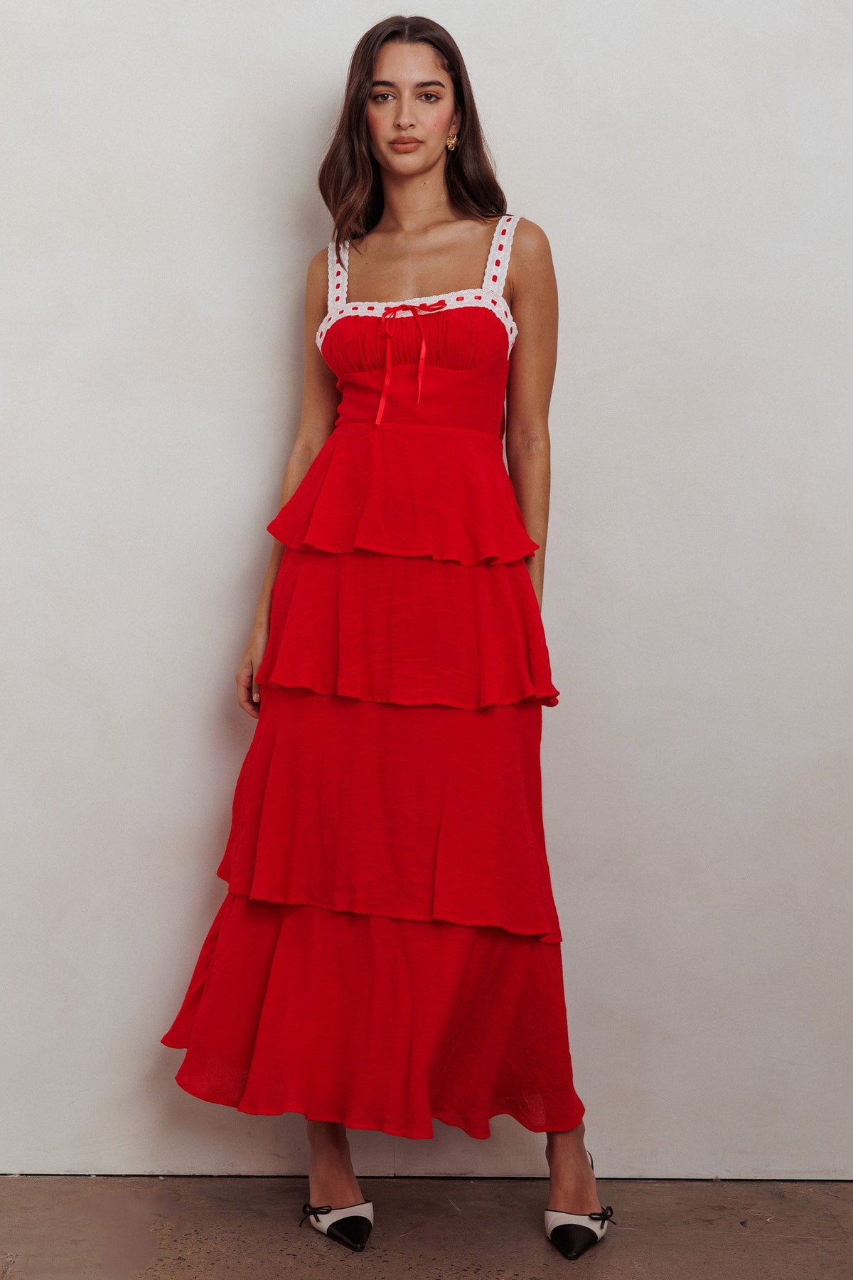 Provence Bloom Tiered Ruffle Maxi Dress Red