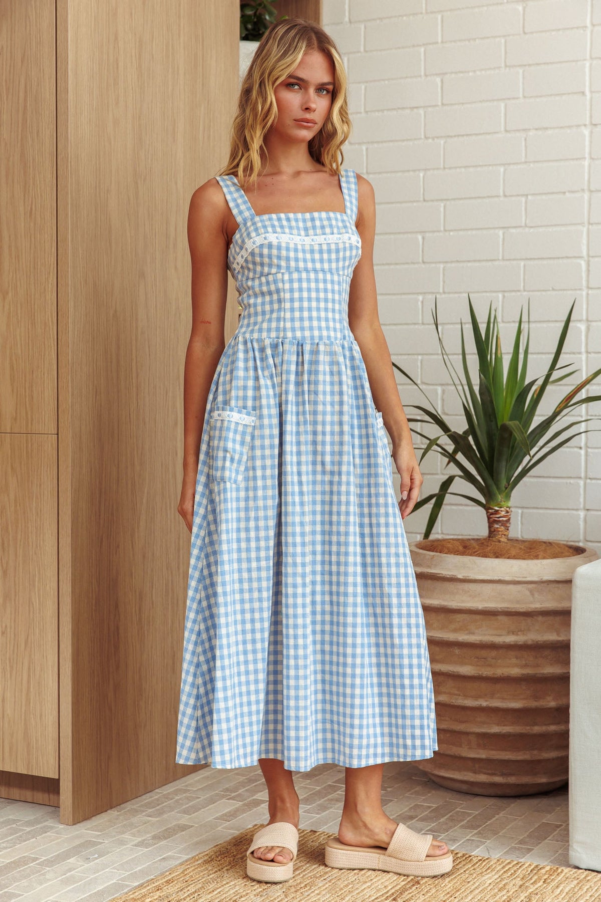 Elderflower Front Pocket Maxi Dress Gingham Baby Blue