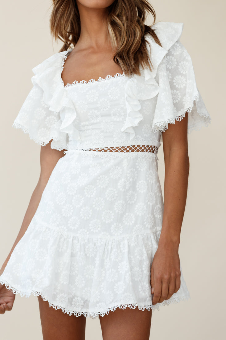 How Romantic Flounce Sleeve Lace-Up Back Dress Floral Embossed White