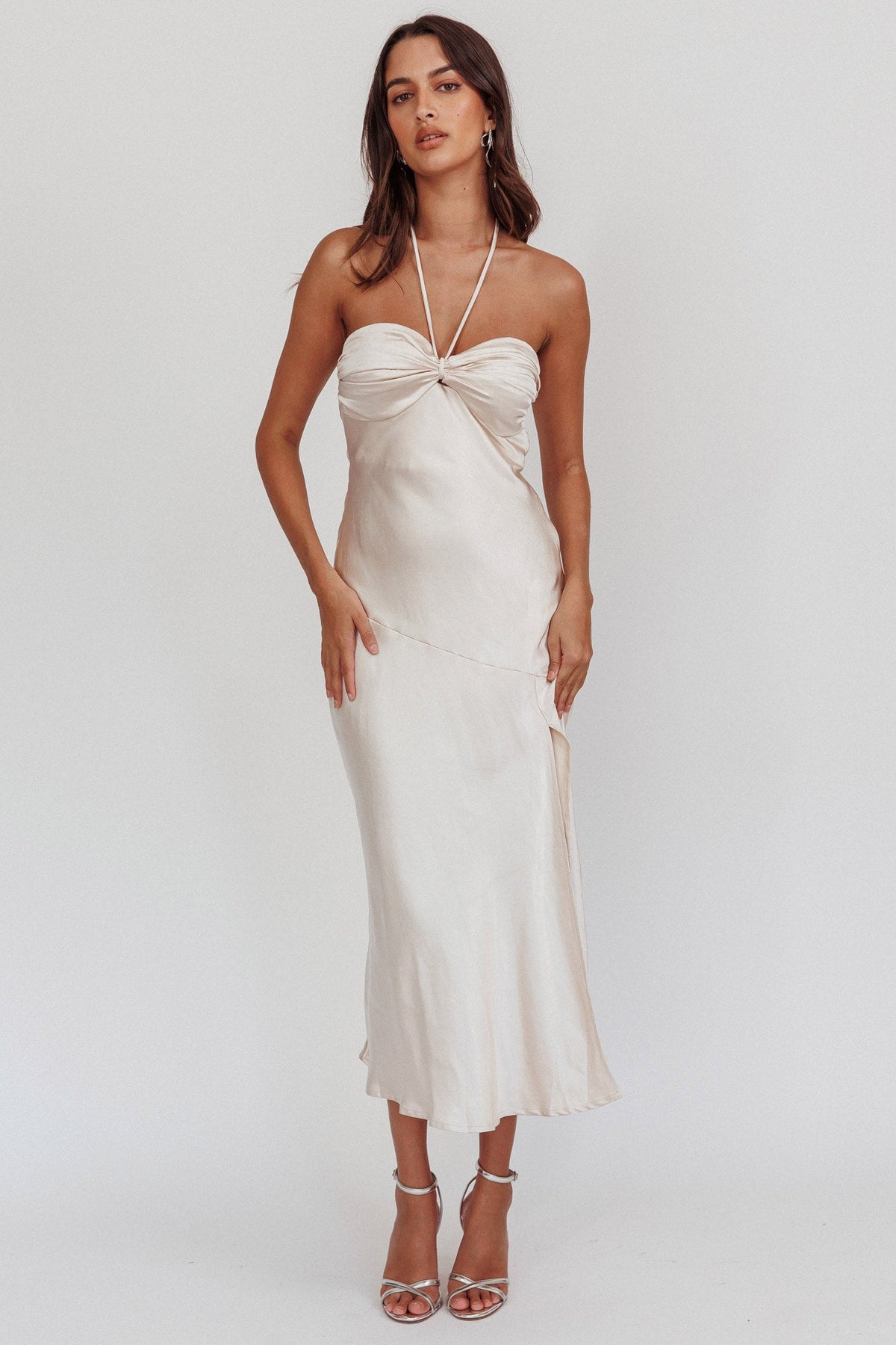 Kindred Spirit Strapless Gathered Bust Midi Dress Champagne