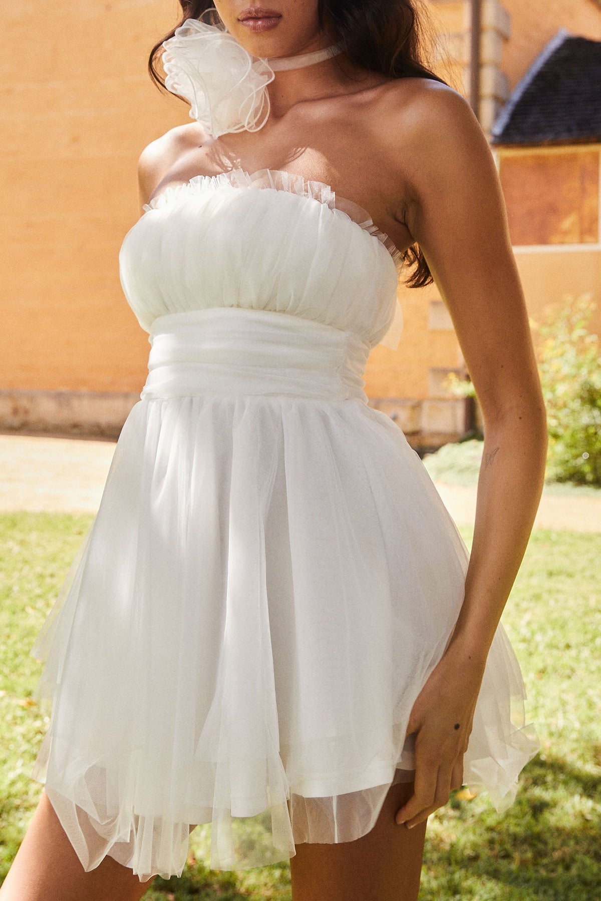 Fayette Strapless Mesh Mini Dress White