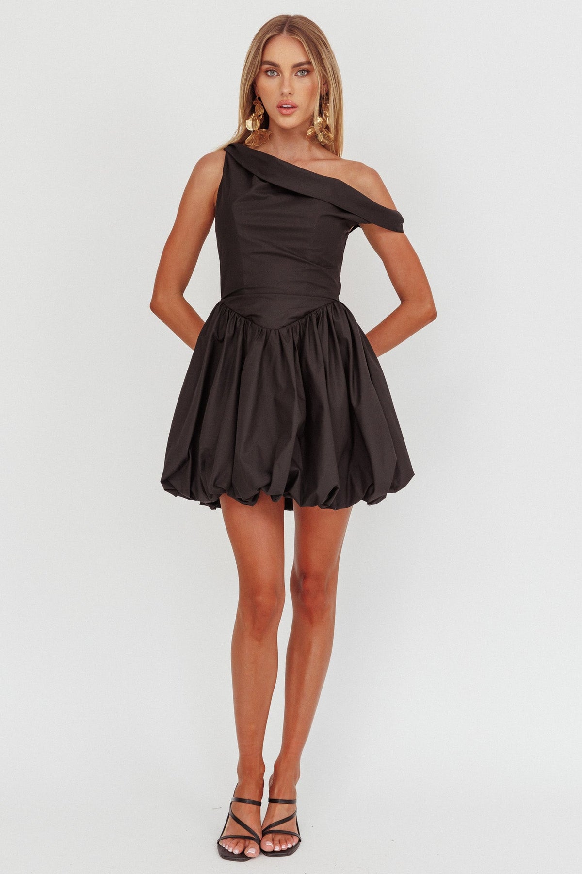 Celinda Asymmetric Neckline Balloon Mini Dress Black