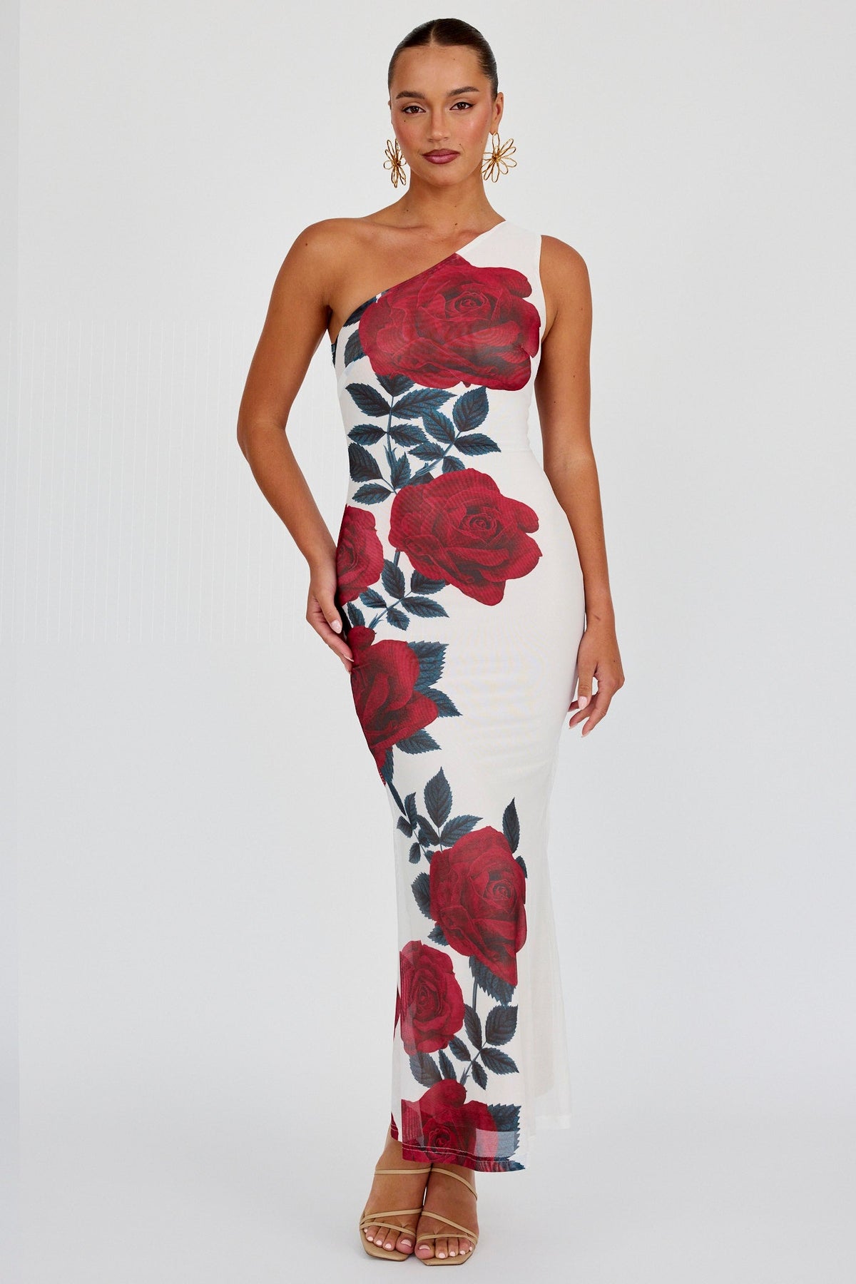 Desiree One Shoulder Mesh Maxi Dress Rose