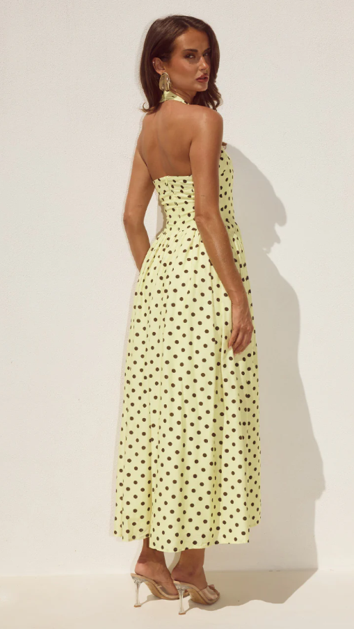 Sammi Halter Midi Dress - Lemon/Choc Polka