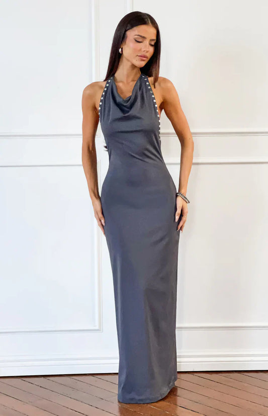 Tsuki Grey Stud Detail Cowl Neck Maxi Dress